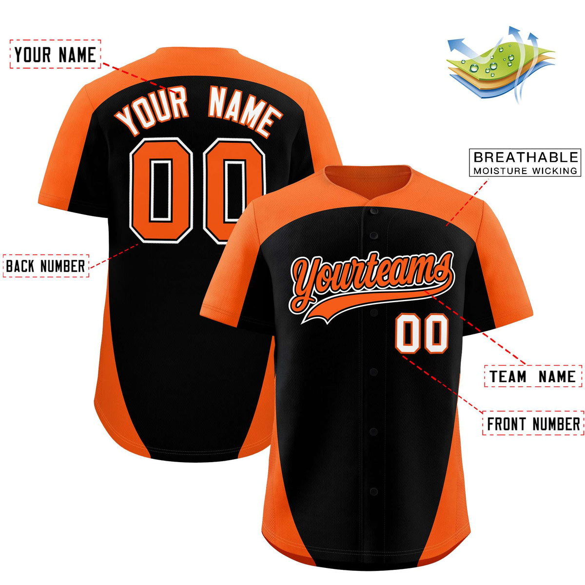 Custom Black Orange Personalized Edge Color Block Authentic Baseball Jersey