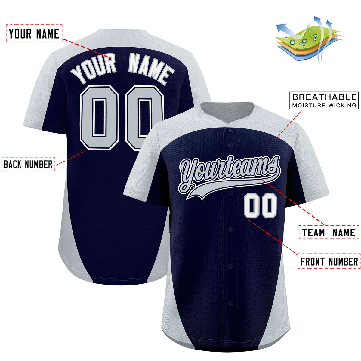 Custom Navy Silver Personalized Edge Color Block Authentic Baseball Jersey
