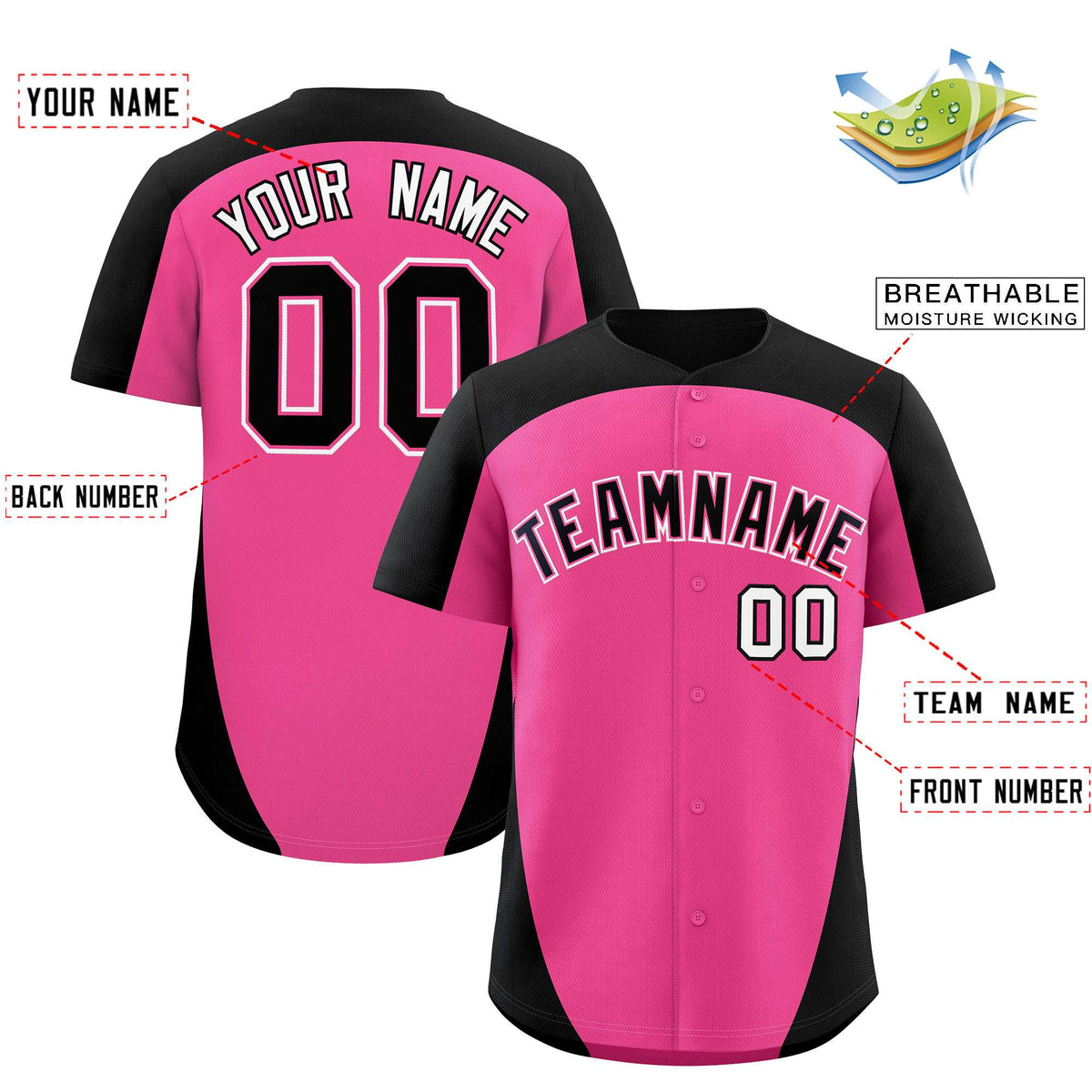 Custom Pink Black Personalized Edge Color Block Authentic Baseball Jersey