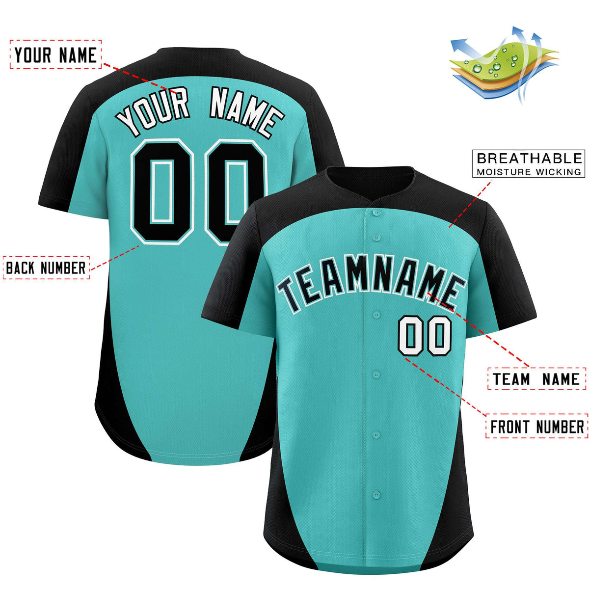 Custom Aqua Black Personalized Edge Color Block Authentic Baseball Jersey