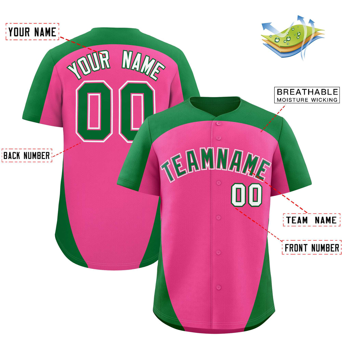 Custom Pink Kelly Green Personalized Edge Color Block Authentic Baseball Jersey
