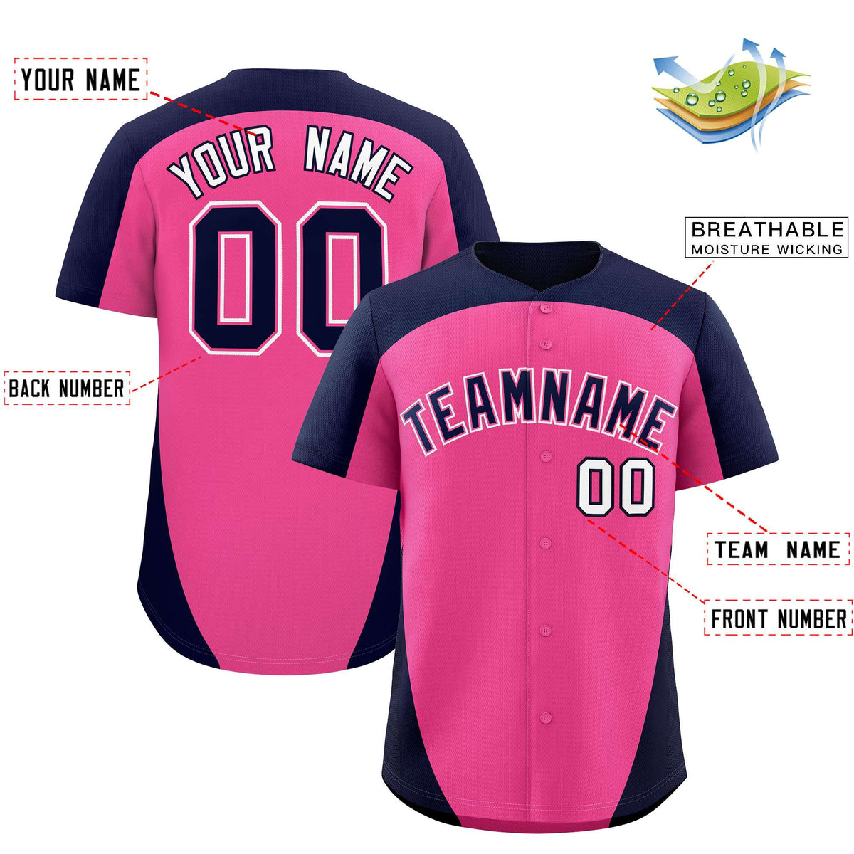 Custom Pink Navy Personalized Edge Color Block Authentic Baseball Jersey