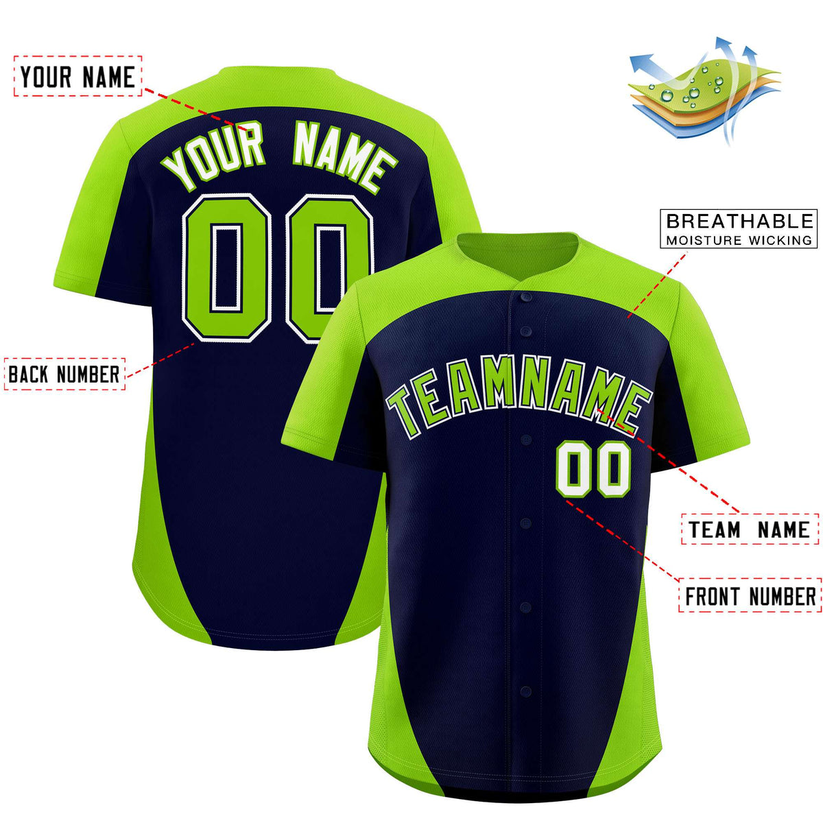Custom Navy Neon Green Personalized Edge Color Block Authentic Baseball Jersey