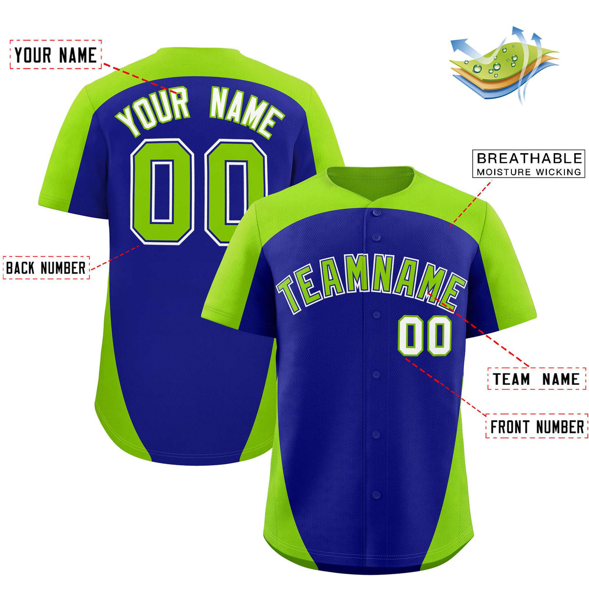 Custom Royal Neon Green Personalized Edge Color Block Authentic Baseball Jersey