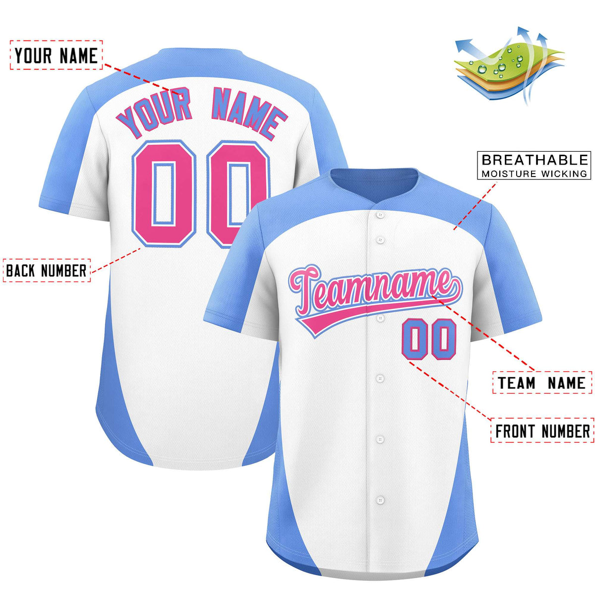 Custom White Light Blue Personalized Edge Color Block Authentic Baseball Jersey