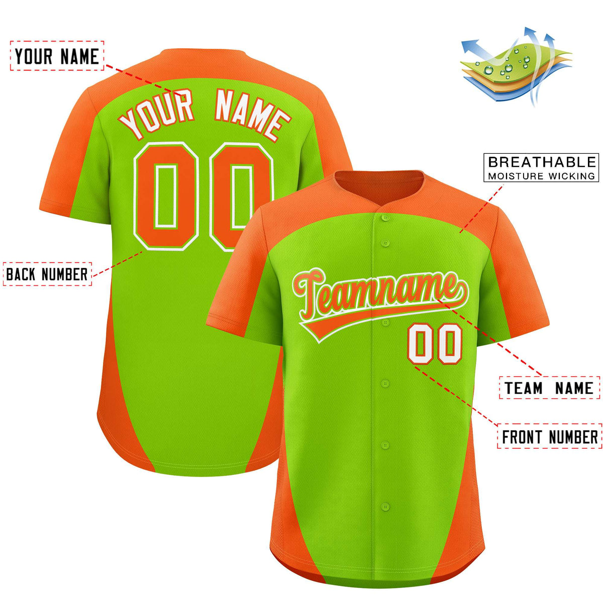 Custom Neon Green Orange Personalized Edge Color Block Authentic Baseball Jersey