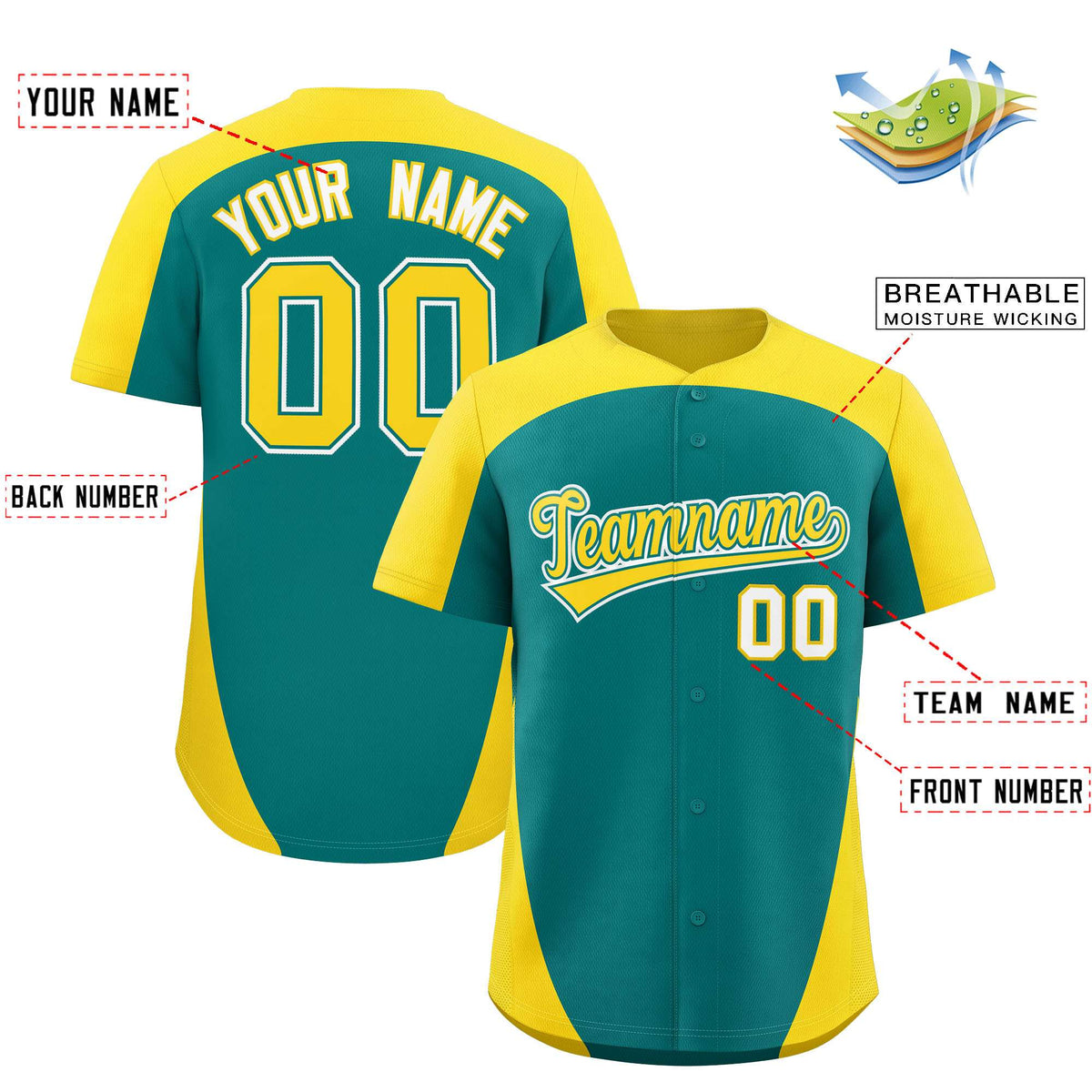 Custom Aqua Gold Personalized Edge Color Block Authentic Baseball Jersey