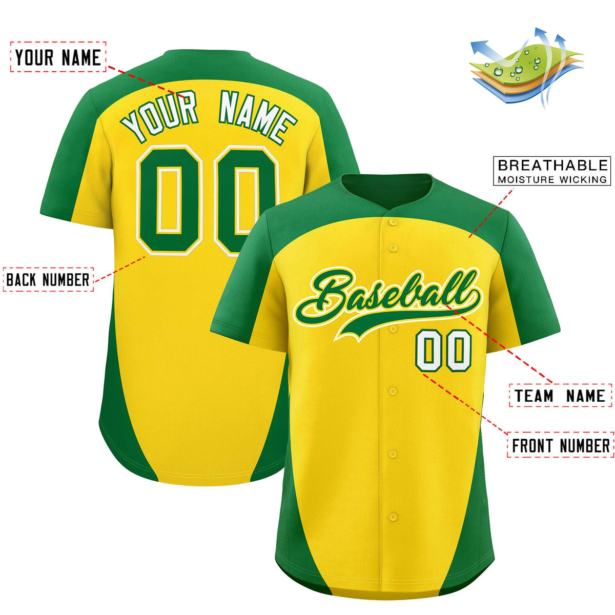Custom Gold Kelly Green Personalized Edge Color Block Authentic Baseball Jersey