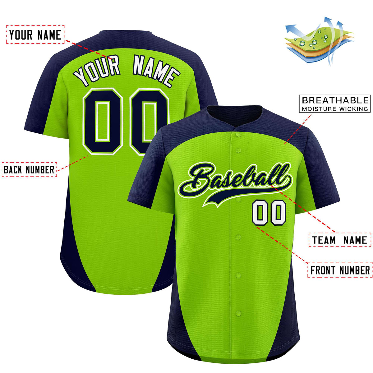 Custom Neon Green Navy Personalized Edge Color Block Authentic Baseball Jersey