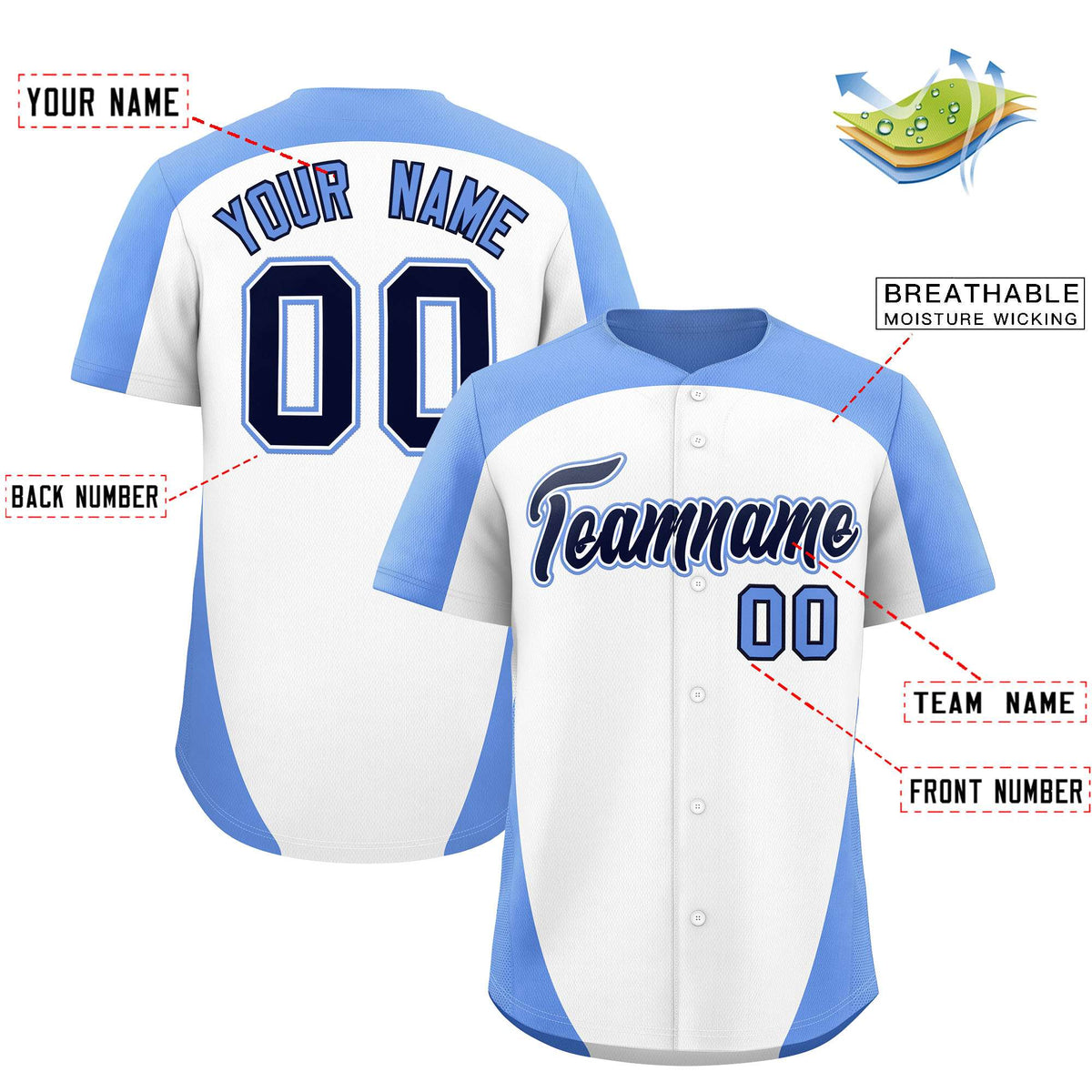 Custom White Light Blue Personalized Edge Color Block Authentic Baseball Jersey