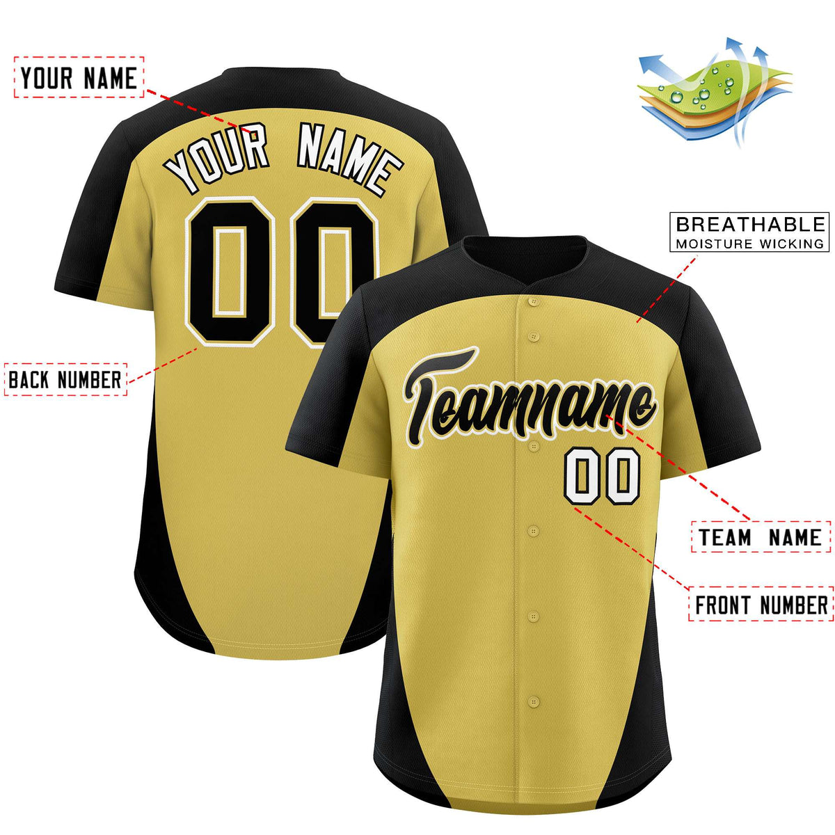 Custom Old Gold Black Personalized Edge Color Block Authentic Baseball Jersey