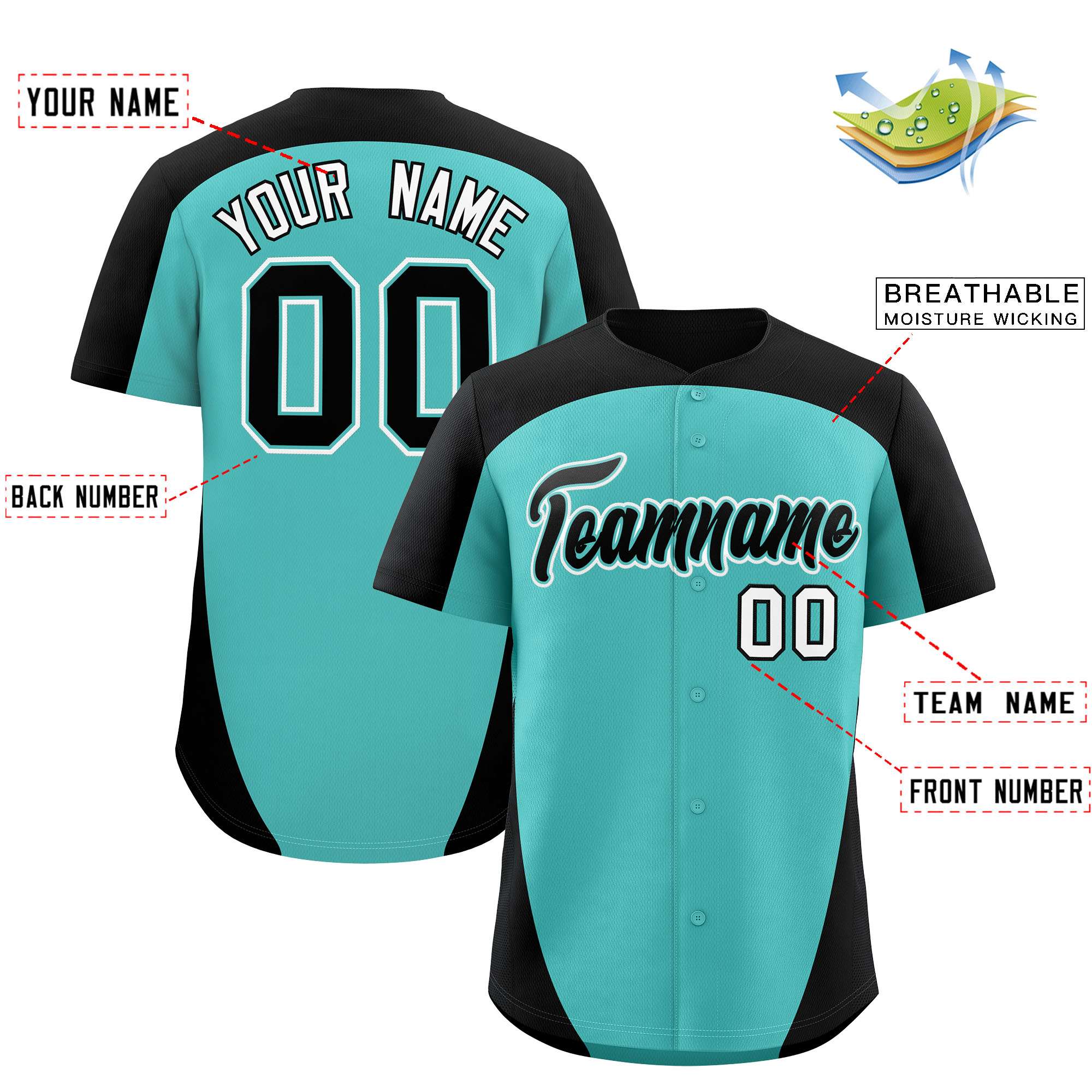 Custom Aqua Black Personalized Edge Color Block Authentic Baseball Jersey