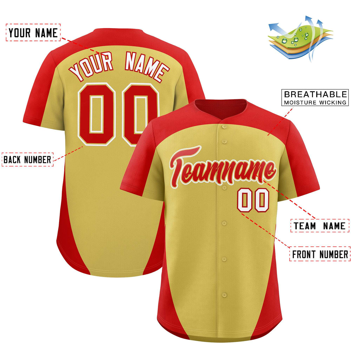Custom Old Gold Red Personalized Edge Color Block Authentic Baseball Jersey