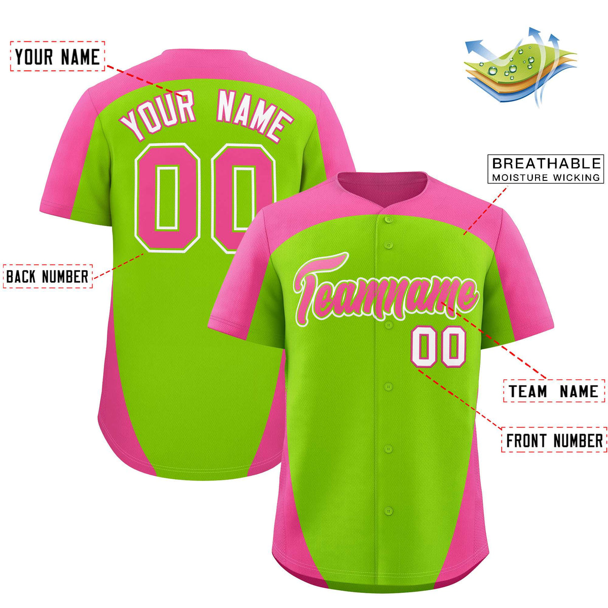 Custom Neon Green Pink Personalized Edge Color Block Authentic Baseball Jersey