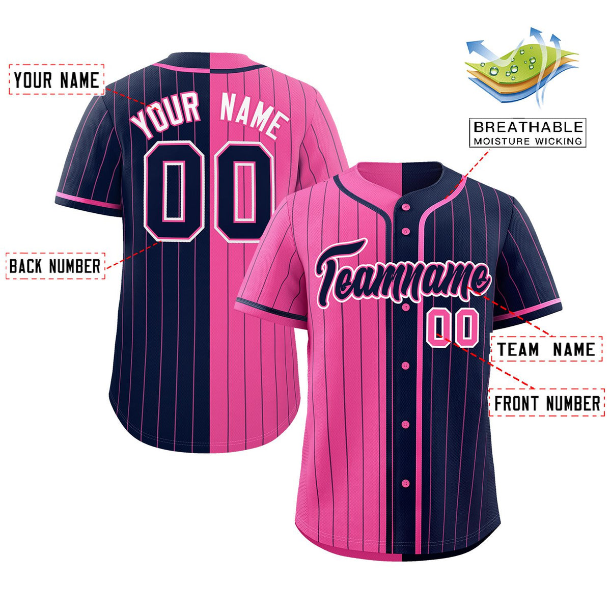 Custom Pink Navy Two Tone Striped Fashion Authentic Baseball Jersey
