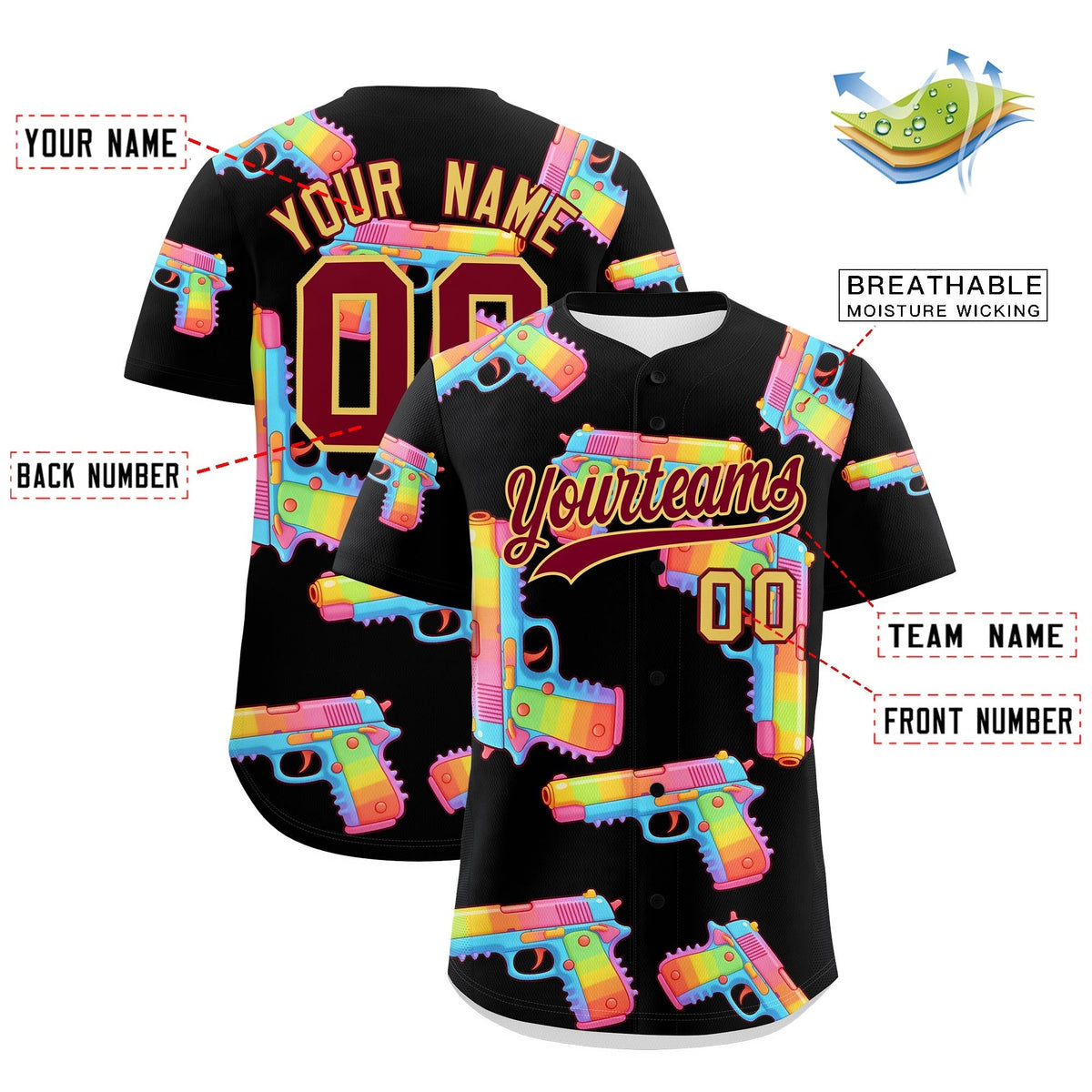 Custom Youth Baseball Jersey Black Crimson Sugar-Coated Firepower Graffiti Pattern Hip-hop