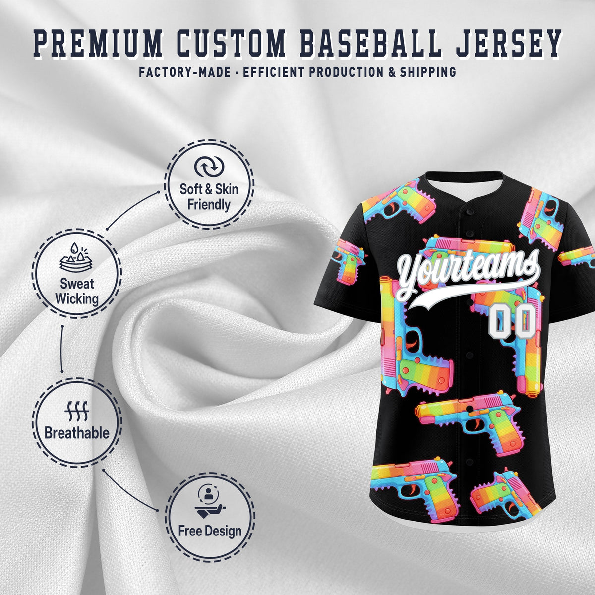 Custom Youth Baseball Jersey Black White Sugar-Coated Firepower Graffiti Pattern Hip-hop