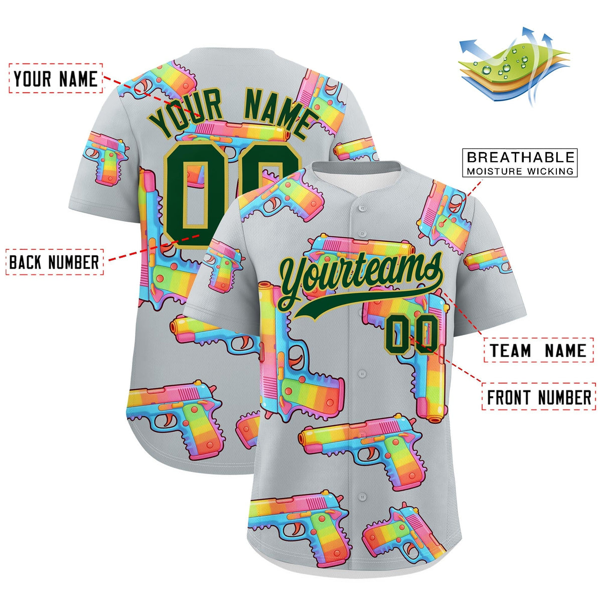 Custom Youth Baseball Jersey Silver Dark Green Sugar-Coated Firepower Graffiti Pattern Hip-hop