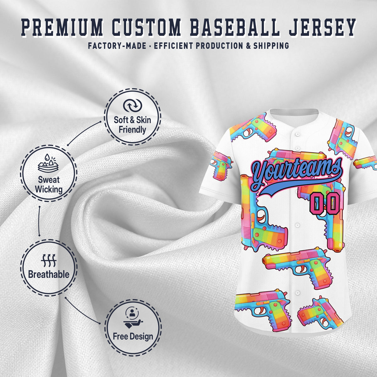 Custom Youth Baseball Jersey White Powder Blue Sugar-Coated Firepower Graffiti Pattern Urban Fashion