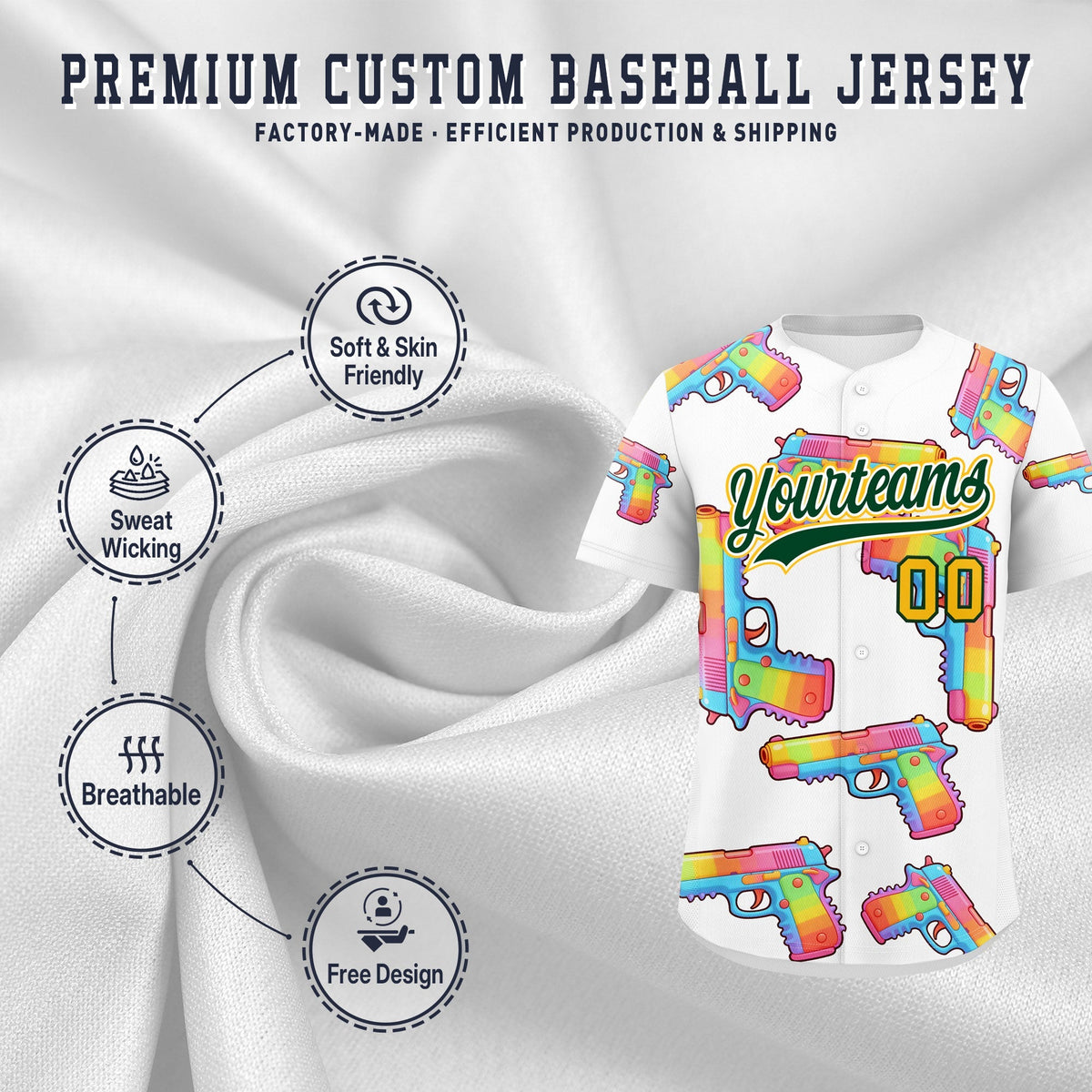 Custom Youth Baseball Jersey White Dark Green Sugar-Coated Firepower Graffiti Pattern Urban Fashion
