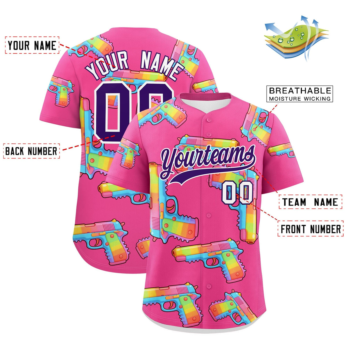Custom Youth Baseball Jersey Pink Purple Sugar-Coated Firepower Graffiti Pattern Street Style
