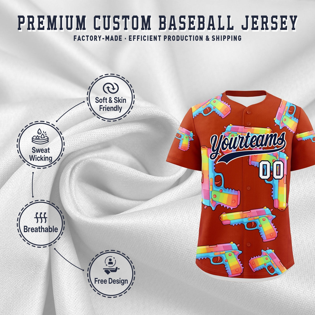 Custom Youth Baseball Jersey Dark Orange Navy Sugar-Coated Firepower Graffiti Pattern Street Style