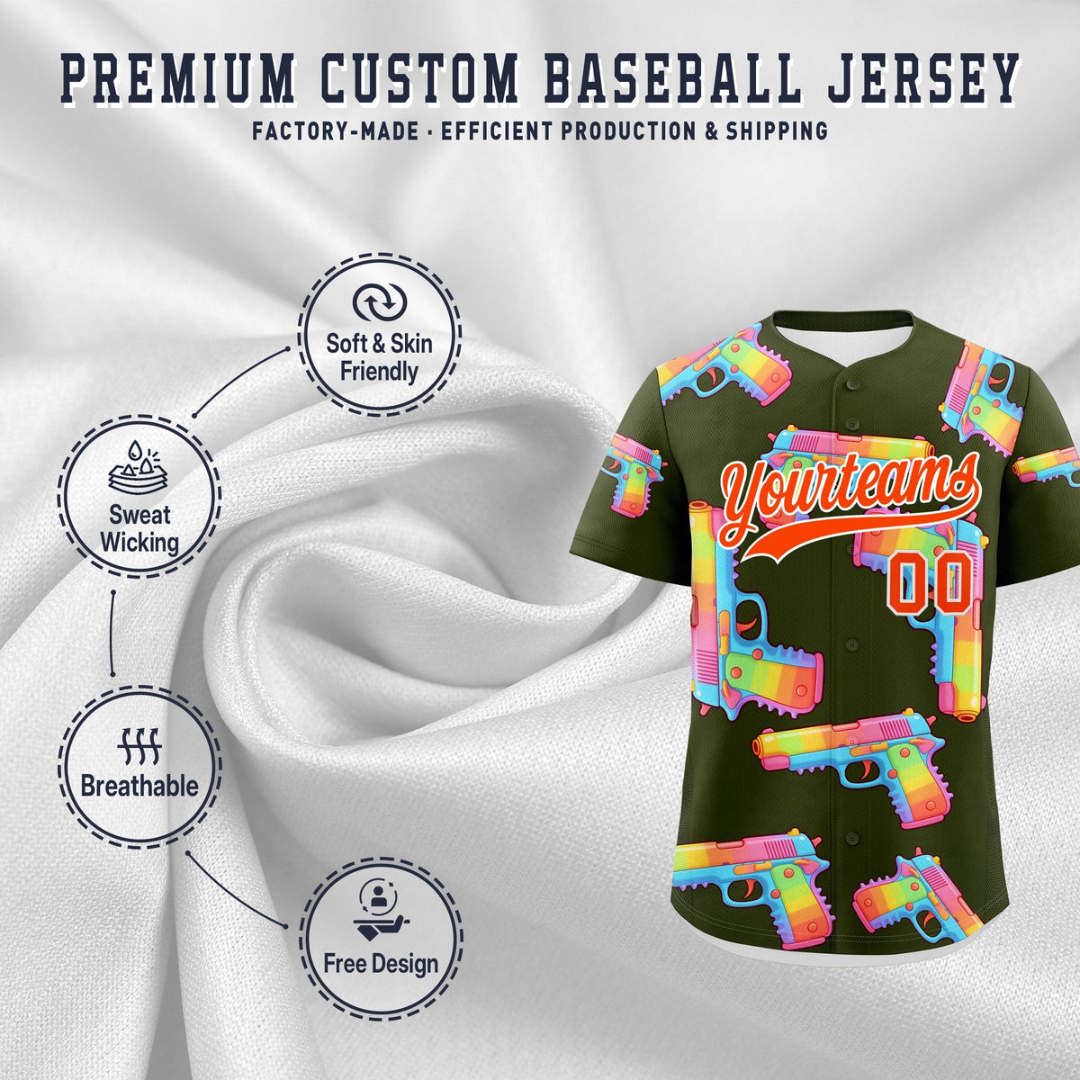 Custom Youth Baseball Jersey Olive Orange Sugar-Coated Firepower Graffiti Pattern Hip-hop