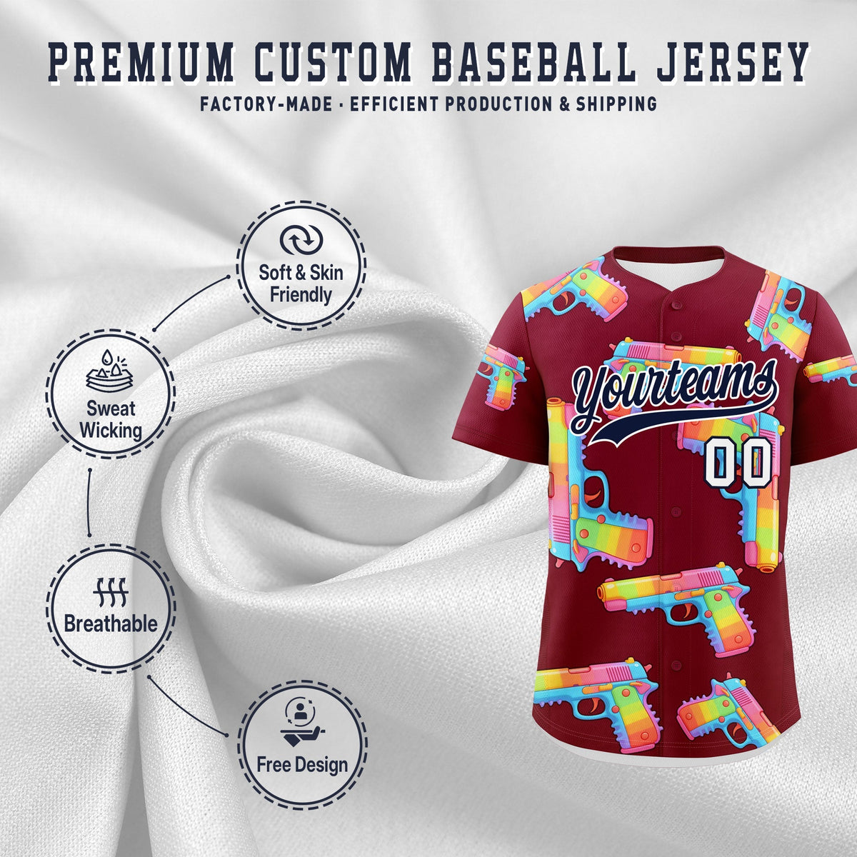 Custom Youth Baseball Jersey Crimson Navy Sugar-Coated Firepower Graffiti Pattern Street Style