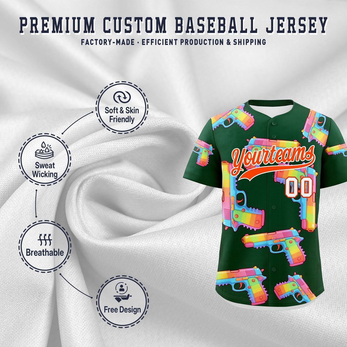 Custom Youth Baseball Jersey Dark Green Orange Sugar-Coated Firepower Graffiti Pattern Hip-hop
