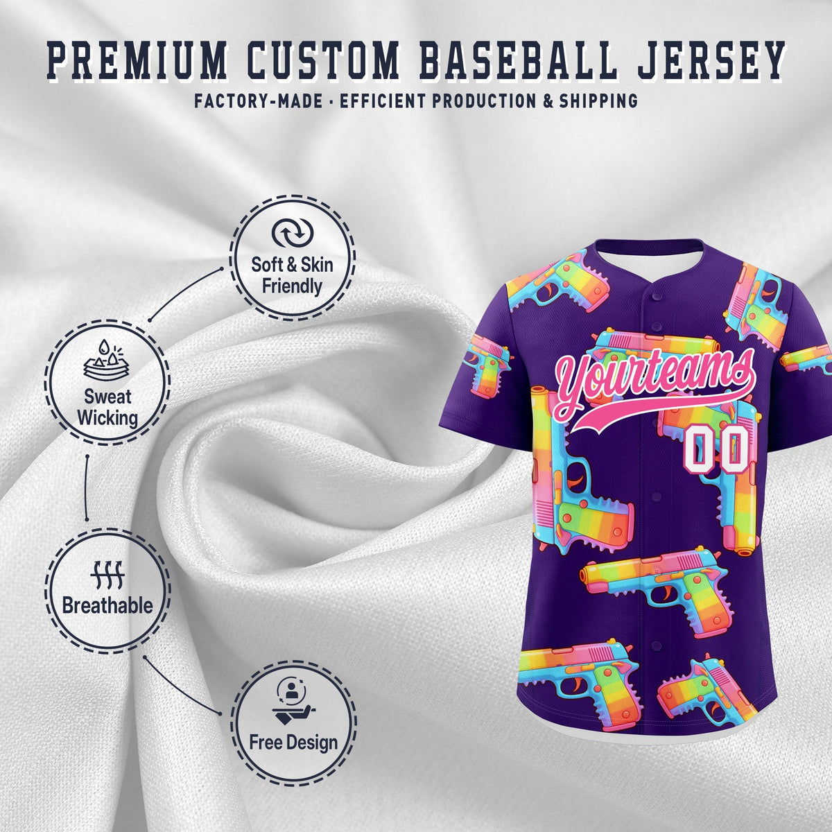Custom Youth Baseball Jersey Purple Pink Sugar-Coated Firepower Graffiti Pattern Street Style