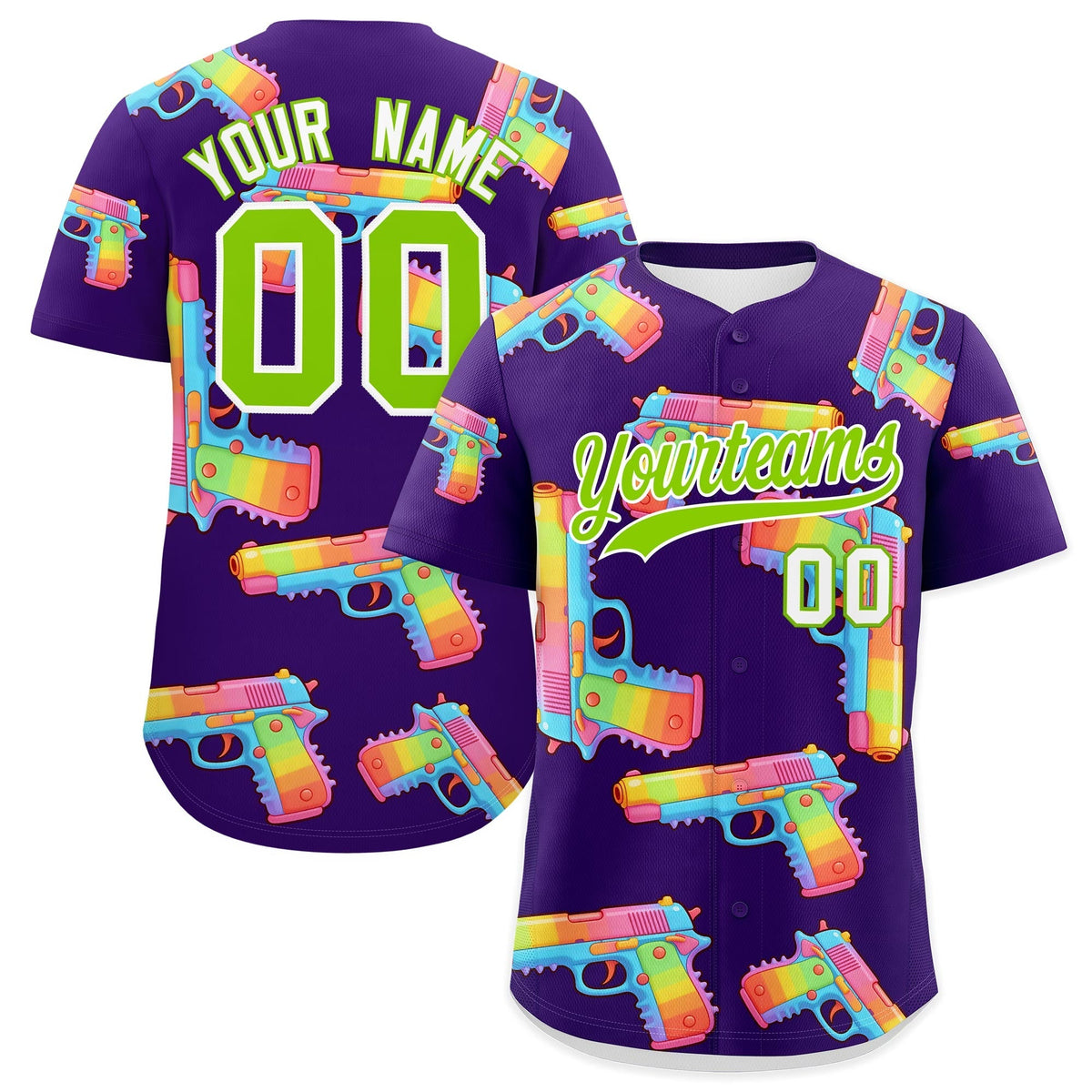 Custom Youth Baseball Jersey Purple Neon Green Sugar-Coated Firepower Graffiti Pattern Urban Fashion