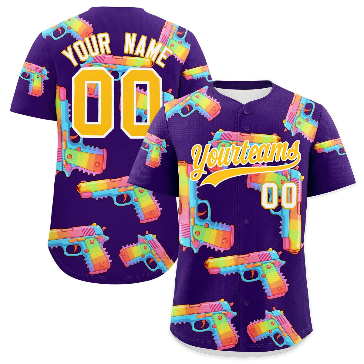 Custom Youth Baseball Jersey Purple Yellow Sugar-Coated Firepower Graffiti Pattern Street Style