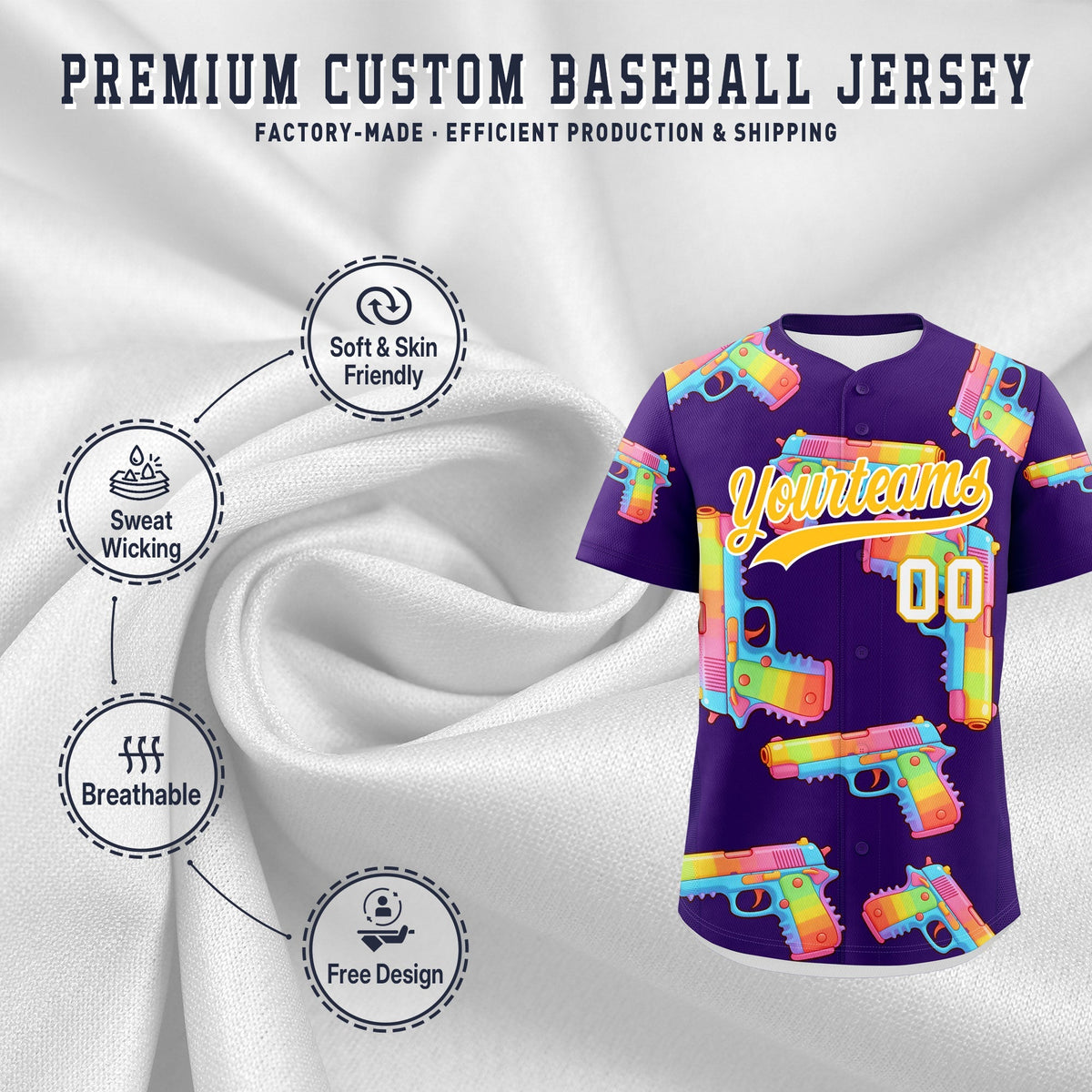 Custom Youth Baseball Jersey Purple Yellow Sugar-Coated Firepower Graffiti Pattern Street Style
