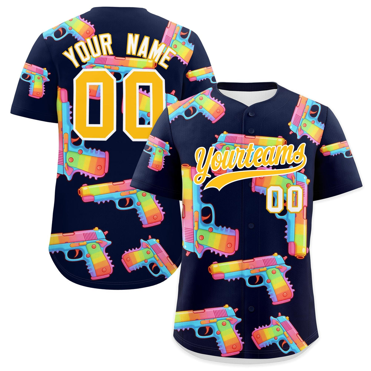 Custom Youth Baseball Jersey Navy Yellow Sugar-Coated Firepower Graffiti Pattern Hip-hop