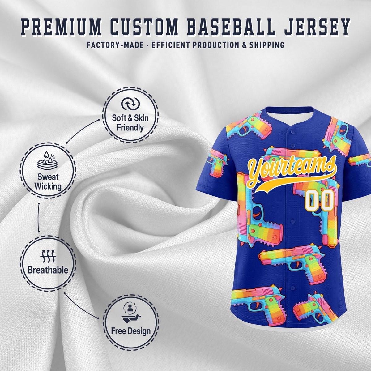 Custom Youth Baseball Jersey Royal Blue Yellow Sugar-Coated Firepower Graffiti Pattern Hip-hop