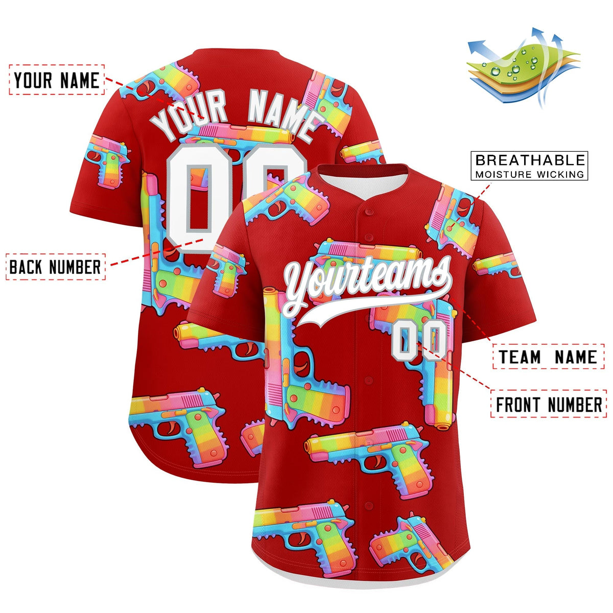 Custom Youth Baseball Jersey Red White Sugar-Coated Firepower Graffiti Pattern Urban Fashion