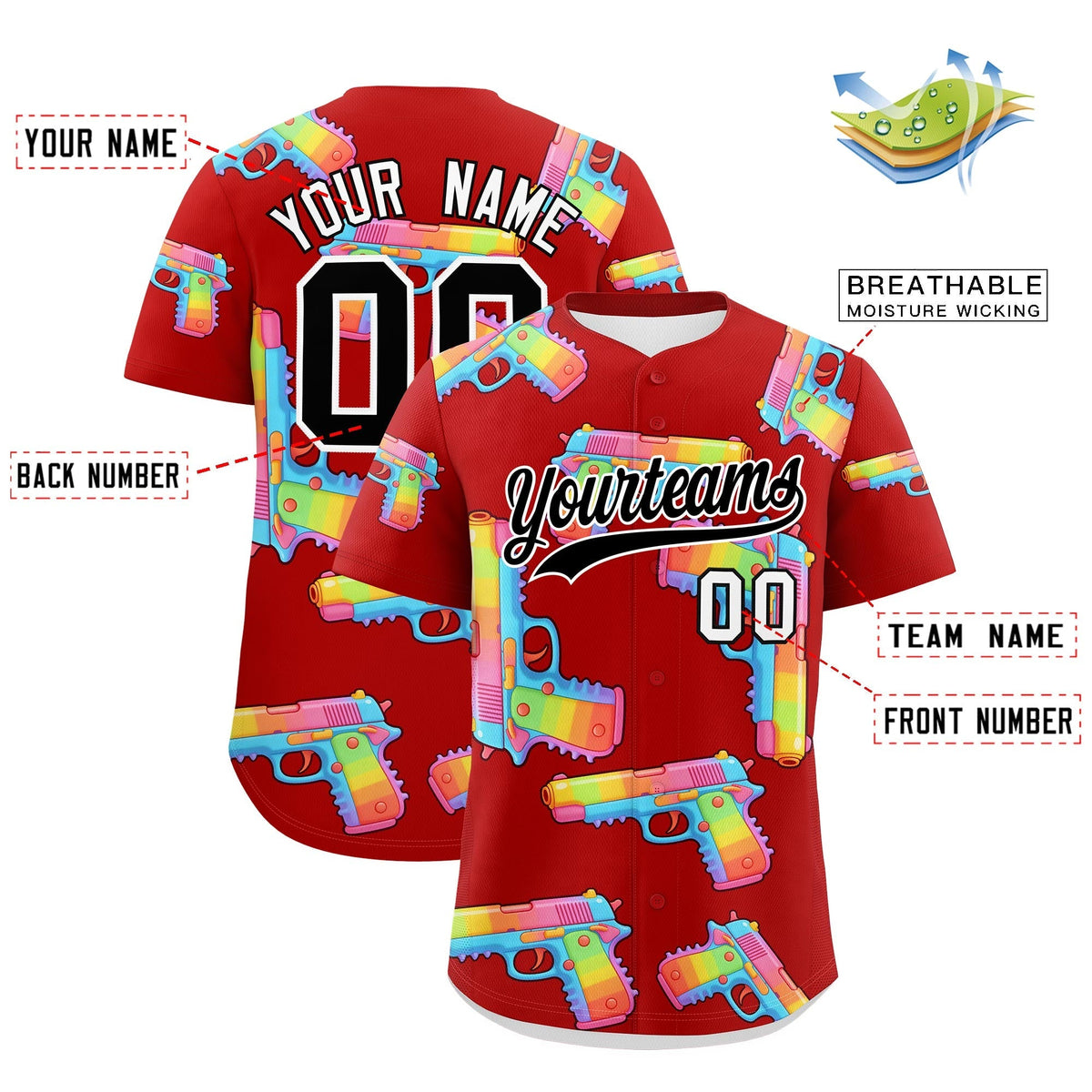 Custom Youth Baseball Jersey Red Black Sugar-Coated Firepower Graffiti Pattern Street Style