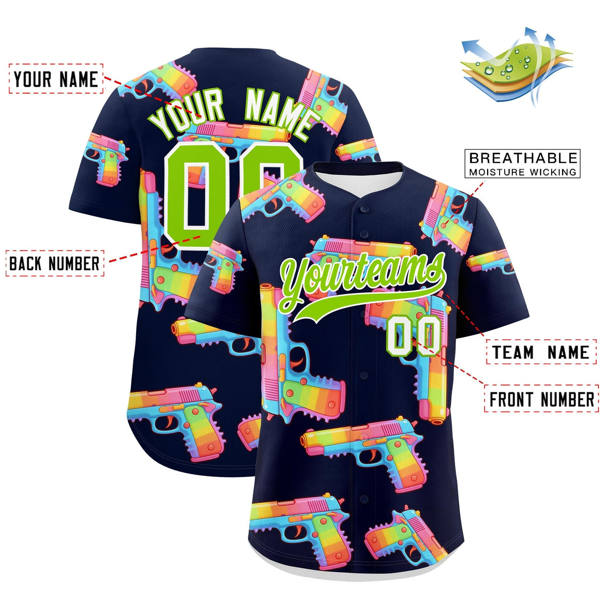 Custom Youth Baseball Jersey Navy Neon Green Sugar-Coated Firepower Graffiti Pattern Street Style