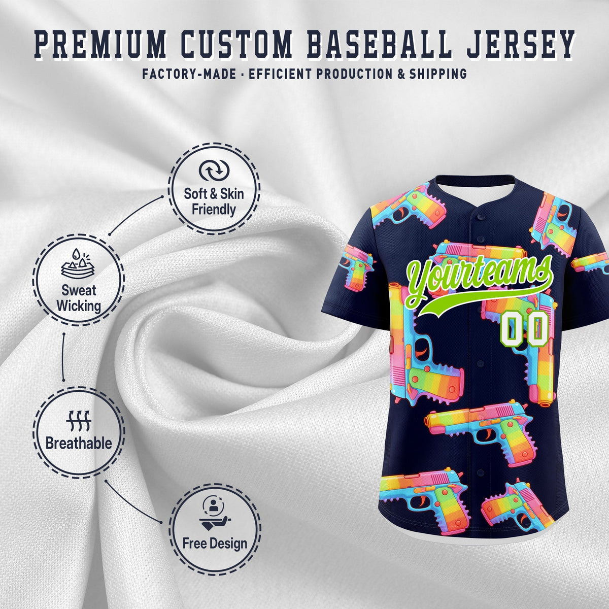 Custom Youth Baseball Jersey Navy Neon Green Sugar-Coated Firepower Graffiti Pattern Street Style