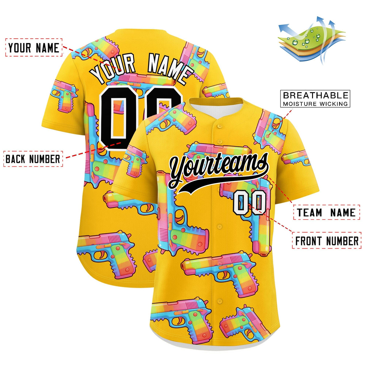 Custom Youth Baseball Jersey Yellow Black Sugar-Coated Firepower Graffiti Pattern Hip-hop