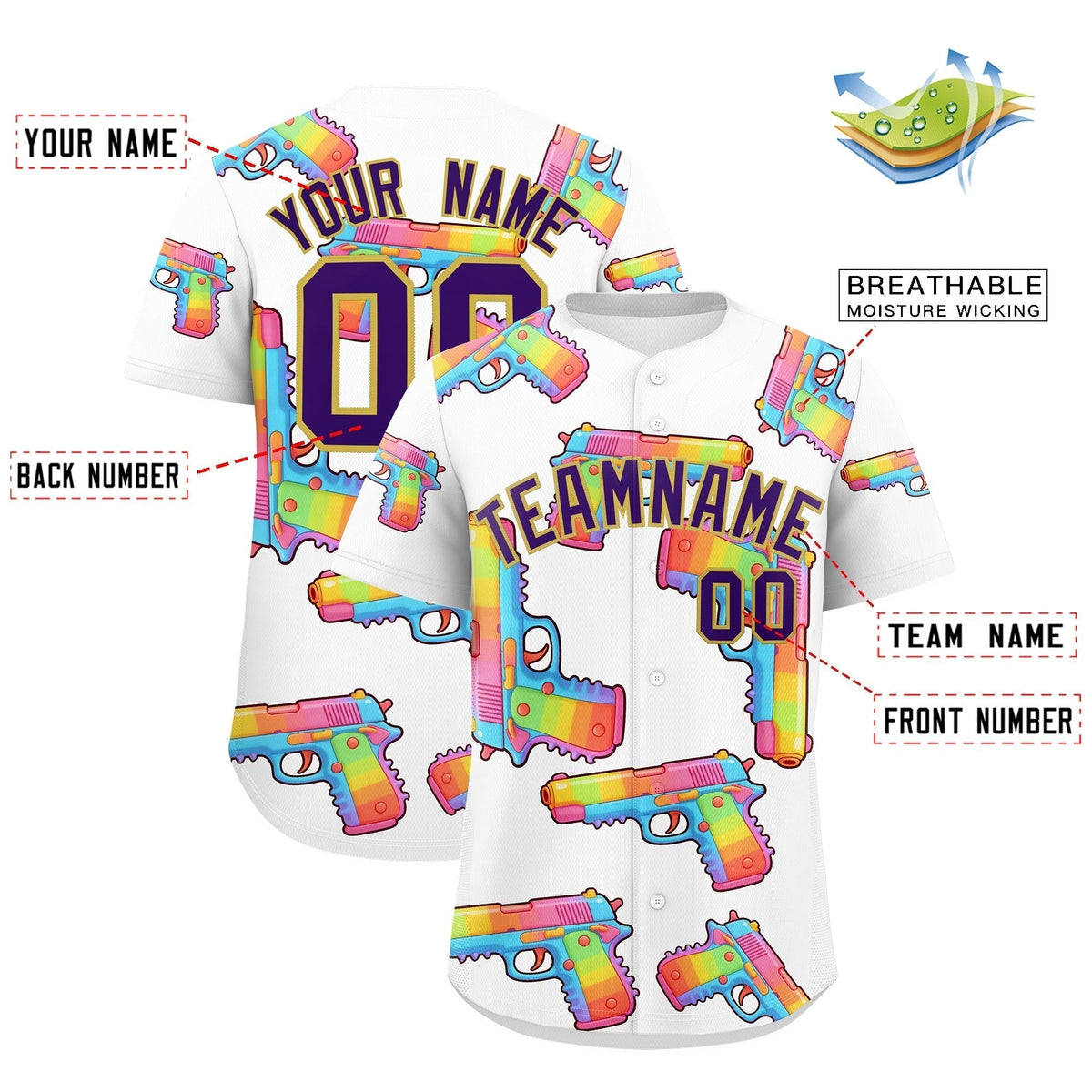 Custom Youth Baseball Jersey White Purple Sugar-Coated Firepower Graffiti Pattern Street Style