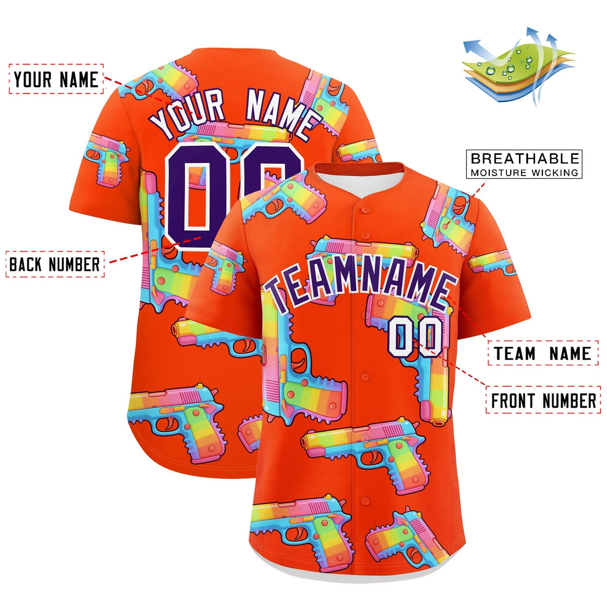 Custom Youth Baseball Jersey Orange Purple Sugar-Coated Firepower Graffiti Pattern Street Style