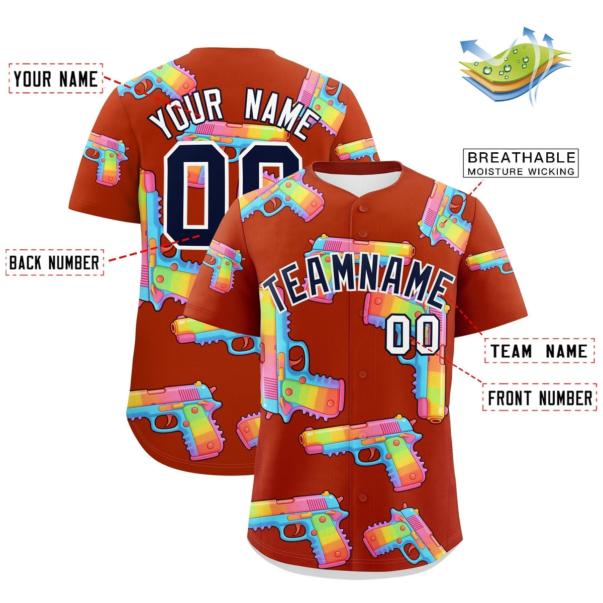 Custom Youth Baseball Jersey Dark Orange Navy Sugar-Coated Firepower Graffiti Pattern Street Style
