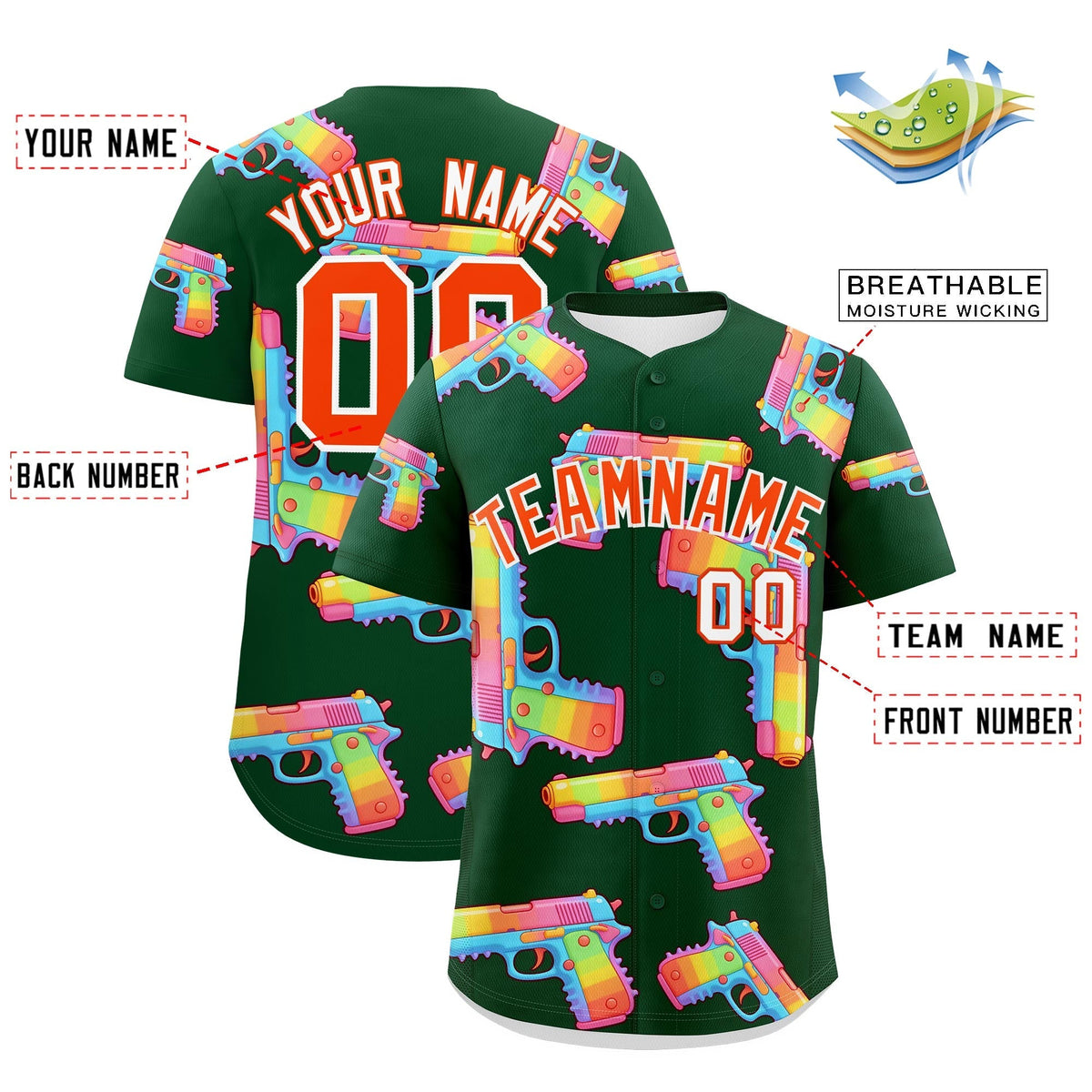 Custom Youth Baseball Jersey Dark Green Orange Sugar-Coated Firepower Graffiti Pattern Hip-hop