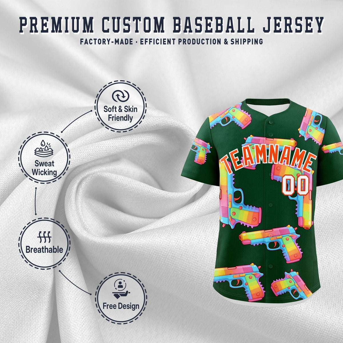 Custom Youth Baseball Jersey Dark Green Orange Sugar-Coated Firepower Graffiti Pattern Hip-hop