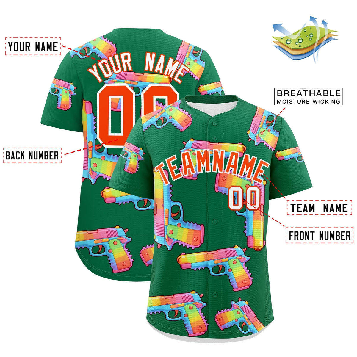 Custom Youth Baseball Jersey Kelly Green Orange Sugar-Coated Firepower Graffiti Pattern Street Style