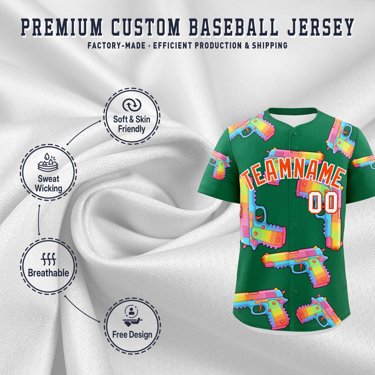 Custom Youth Baseball Jersey Kelly Green Orange Sugar-Coated Firepower Graffiti Pattern Street Style