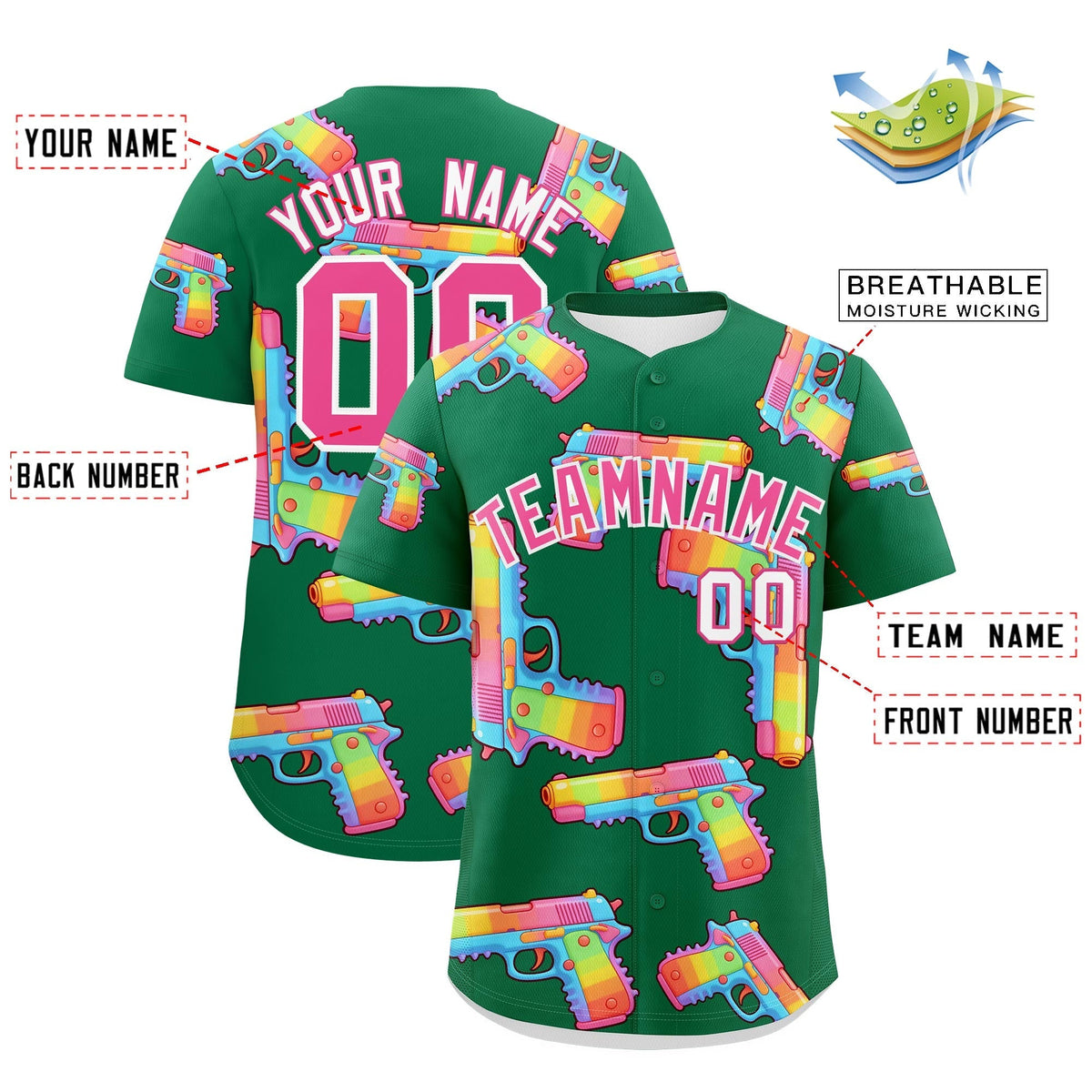 Custom Youth Baseball Jersey Kelly Green Pink Sugar-Coated Firepower Graffiti Pattern Hip-hop