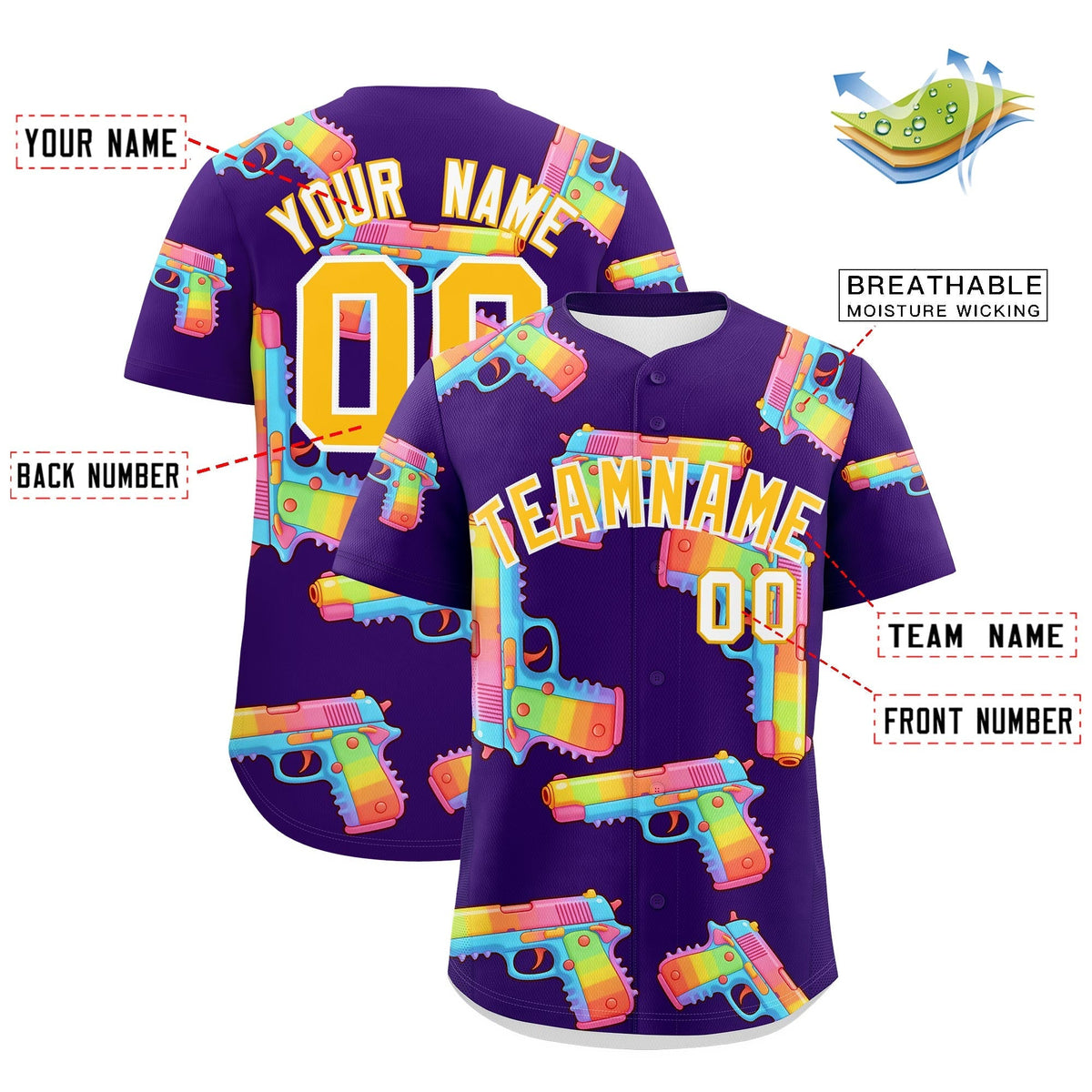 Custom Youth Baseball Jersey Purple Yellow Sugar-Coated Firepower Graffiti Pattern Street Style