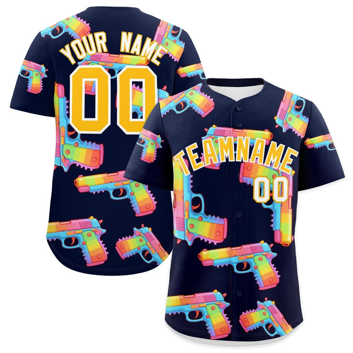Custom Youth Baseball Jersey Navy Yellow Sugar-Coated Firepower Graffiti Pattern Hip-hop